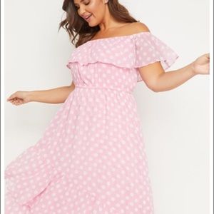 Lane Bryant Pink polka dot off the shoulder dress